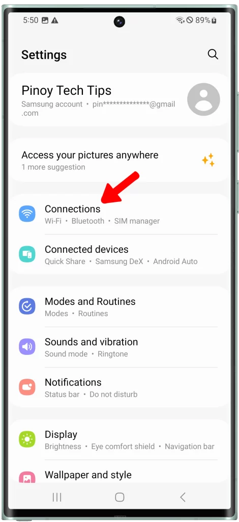 Tap on Connections.

The Connections section of the Settings app is where you can manage all of your device's network connections, including Wi-Fi, Bluetooth, and mobile data.