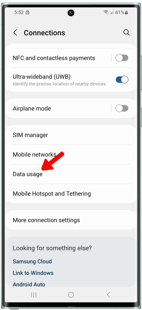 Tap on Data usage.

The Data usage section of the Connections app is where you can view your device's data usage for both mobile data and Wi-Fi. It is also where you can enable or disable mobile data.
