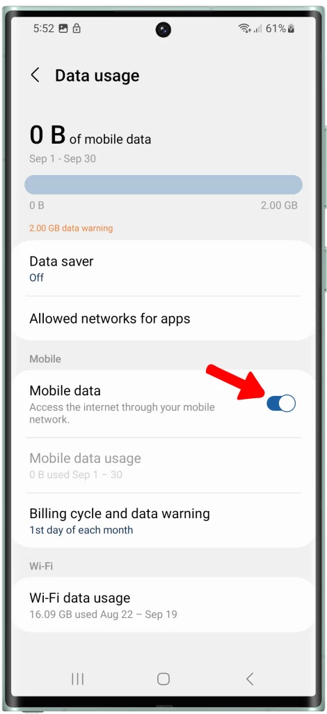 Make sure that the Mobile data toggle is turned on.

If the Mobile data toggle is turned on, then your device will be able to use cellular data to connect to the internet. If the Mobile data toggle is turned off, then your device will only be able to connect to the internet using Wi-Fi.