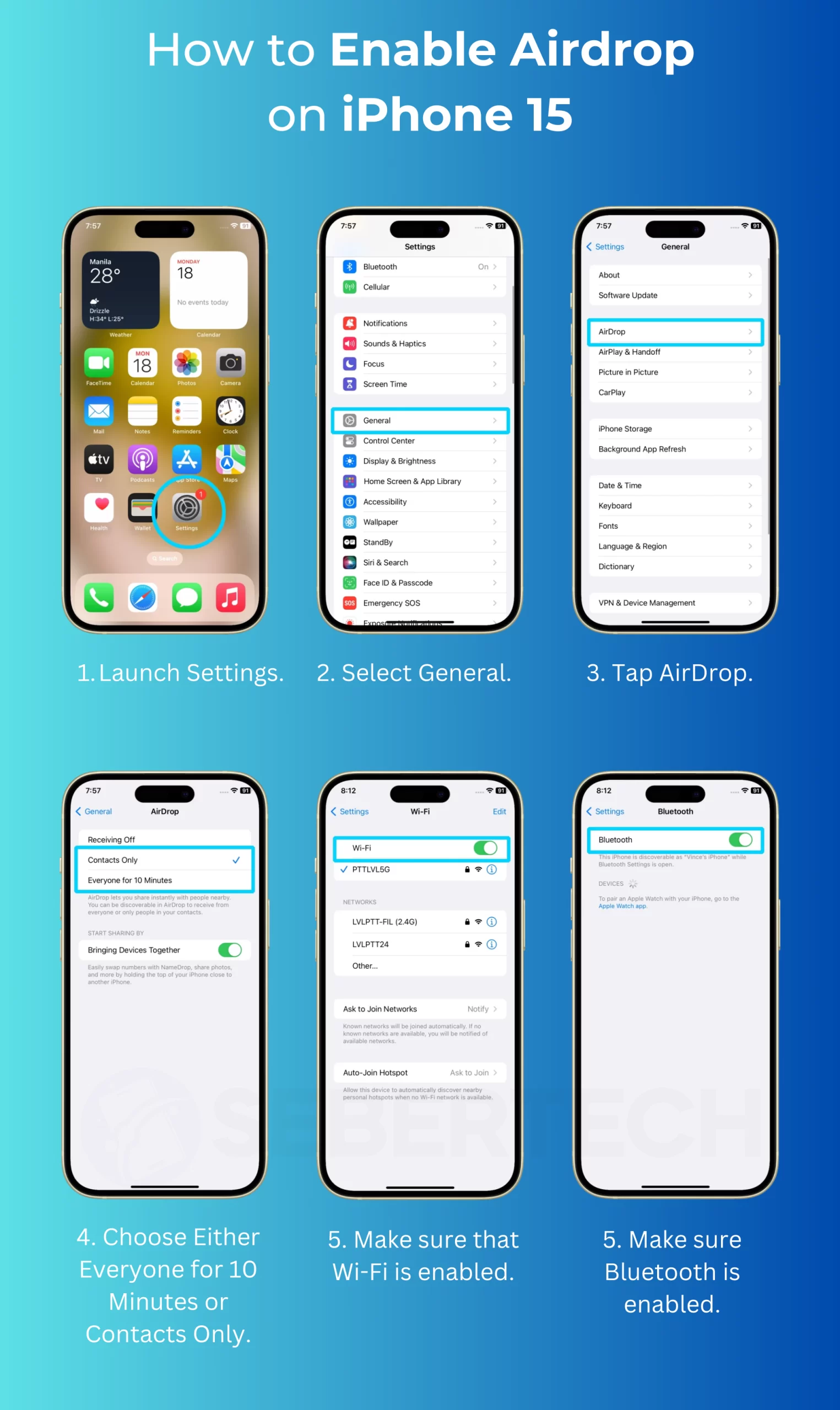 The iPhone 15 has not been released yet, so there is no way to say for sure how to enable AirDrop on it. However, based on previous iPhone models, it is likely that you will be able to enable AirDrop by following these steps:

Open the Control Center.

Tap and hold the Airplane Mode, Wi-Fi, and Bluetooth buttons.

Tap the AirDrop button.

Select who you want to be able to receive AirDrops from:

Contacts Only: Only people in your Contacts app will be able to send you AirDrops.
Everyone: Anyone who is nearby will be able to send you AirDrops.
Once you have selected your AirDrop settings, you can close the Control Center.