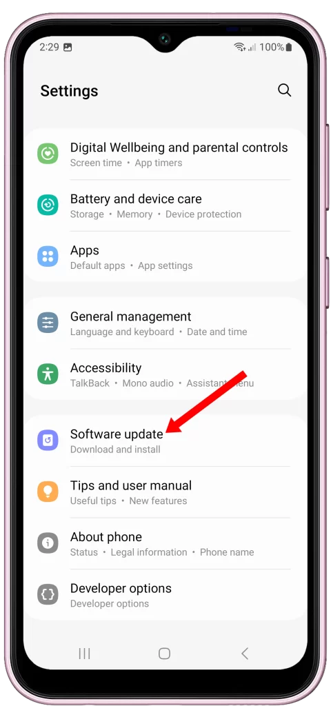 Select Software update on Galaxy F14