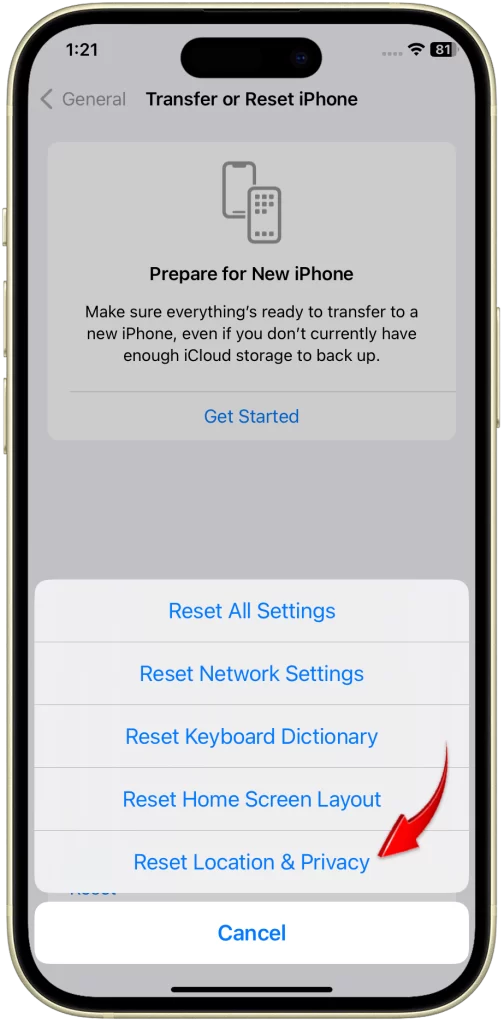 Tap Reset Location & Privacy on your iPhone 15