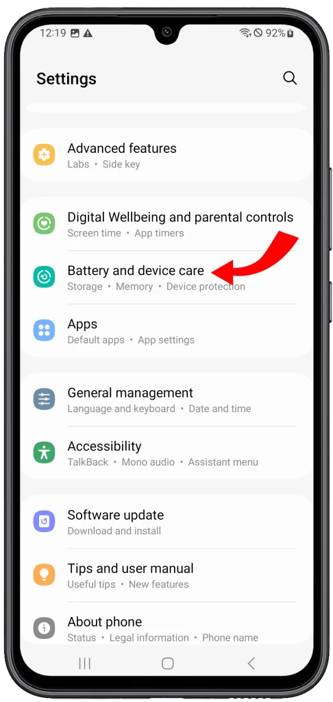 Samsung Galaxy A24 Battery and device care menu.
