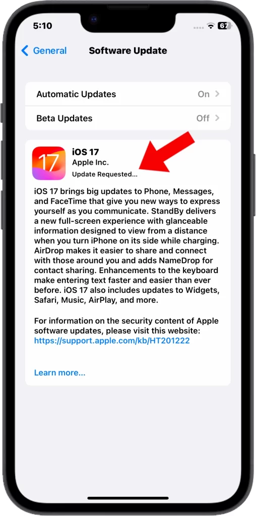 Wait for iOS 17 update request download