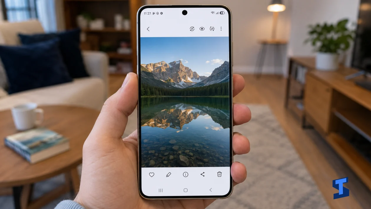 Galaxy S26 Ultra held in one hand inside a living room with the Gallery app open, showing a landscape photo on the screen and touch controls along the top and bottom of the display.