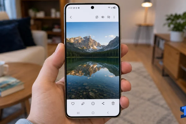 Galaxy S26 Ultra held in one hand inside a living room with the Gallery app open, showing a landscape photo on the screen and touch controls along the top and bottom of the display.