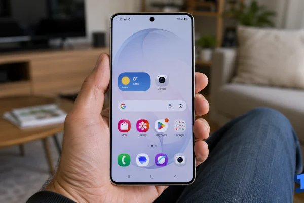 Galaxy S26 Ultra being held in a living room with the home screen visible and noticeable pink screen burn-in marks across the display.