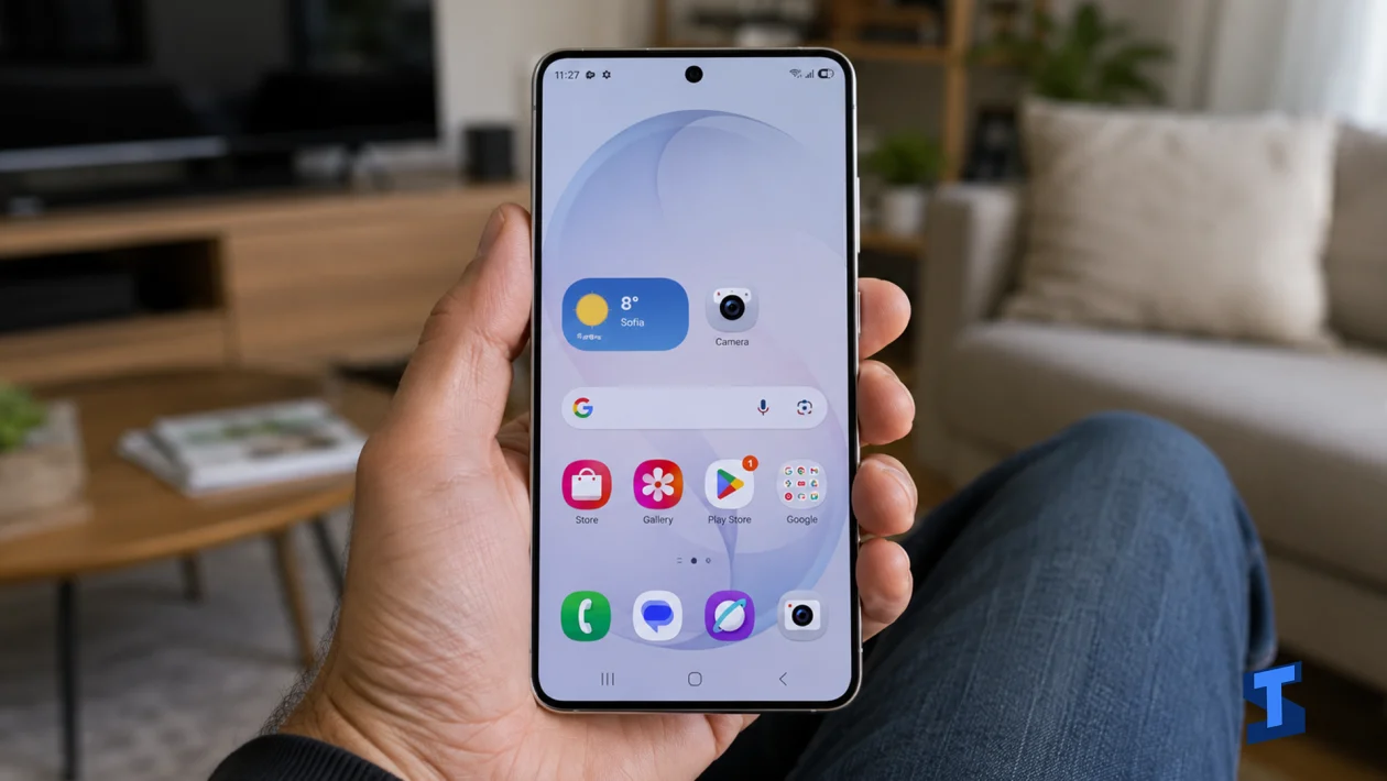 Galaxy S26 Ultra being held in one hand inside a living room, with the home screen showing app icons, a weather widget, Google search bar, and Samsung app shortcuts.