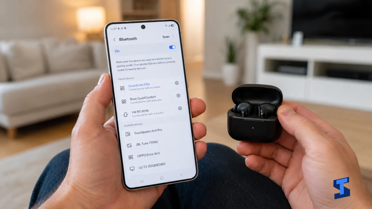 Galaxy S26 Ultra held in one hand inside a living room with the Bluetooth settings screen open, while the other hand holds a black wireless earbud case with earbuds beside the phone.