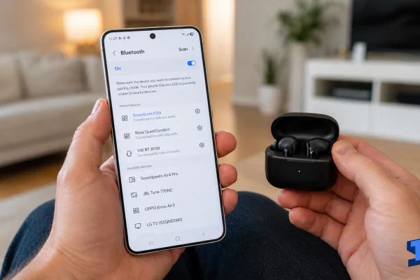 Galaxy S26 Ultra held in one hand inside a living room with the Bluetooth settings screen open, while the other hand holds a black wireless earbud case with earbuds beside the phone.