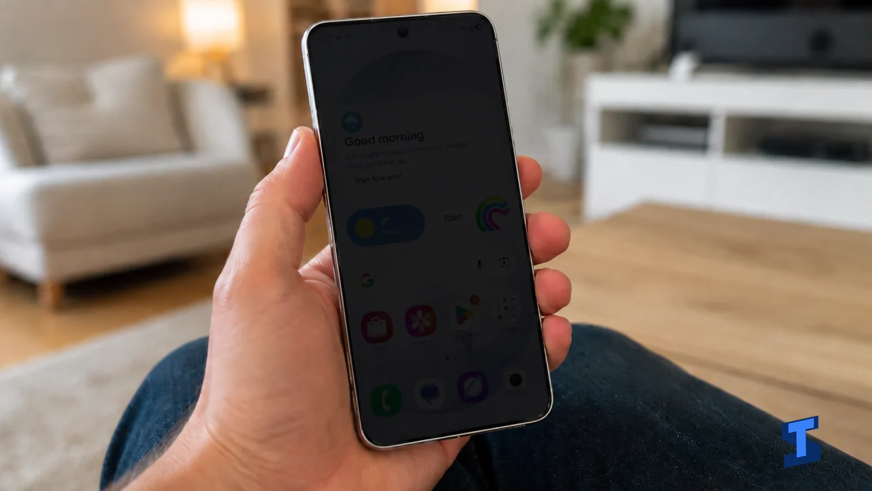 Galaxy S26 Ultra being held in one hand inside a living room with the home screen visible but extremely dim, making the icons and widgets hard to see against the dark display.