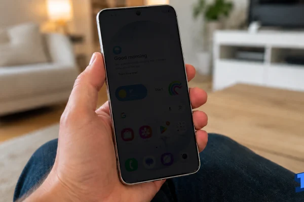 Galaxy S26 Ultra being held in one hand inside a living room with the home screen visible but extremely dim, making the icons and widgets hard to see against the dark display.