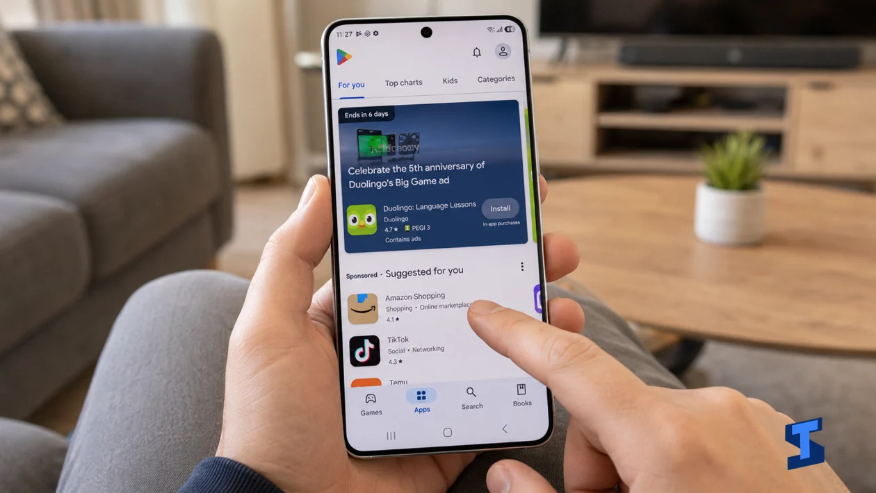 User holding a Galaxy S26 Ultra in a living room while touching the Play Store screen, with the app page open and the display not responding to the tap.