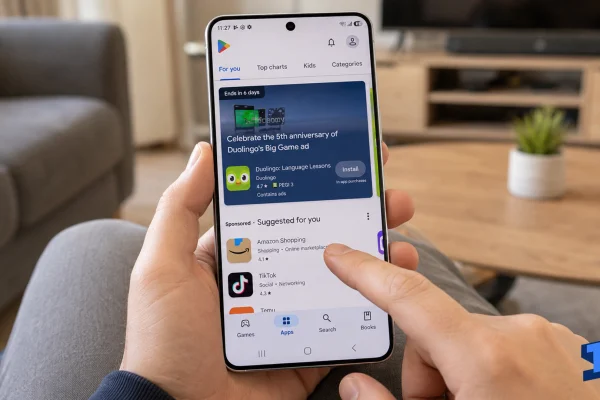 User holding a Galaxy S26 Ultra in a living room while touching the Play Store screen, with the app page open and the display not responding to the tap.