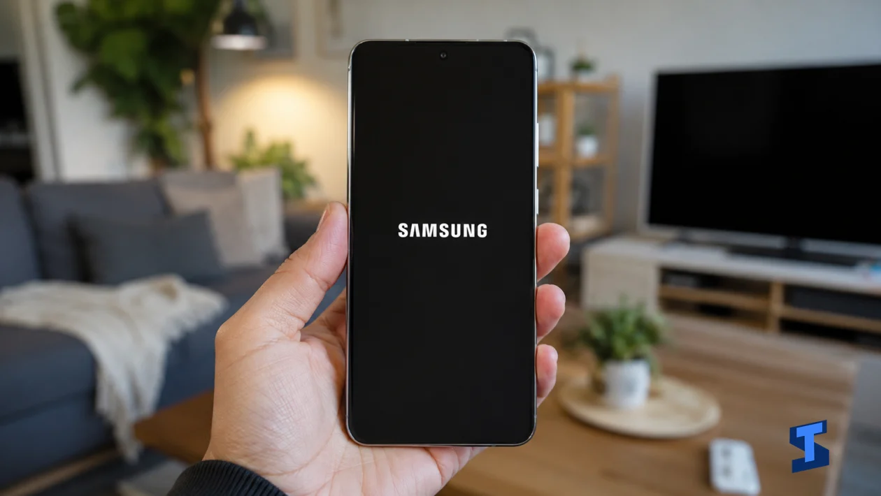 Galaxy S26 Ultra held in one hand inside a living room with a black screen showing the white Samsung logo during startup.