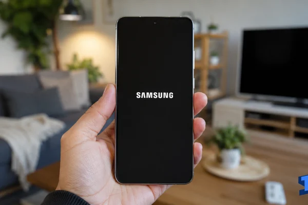 Galaxy S26 Ultra held in one hand inside a living room with a black screen showing the white Samsung logo during startup.
