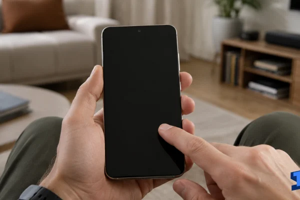 Galaxy S26 Ultra being held in both hands in a living room while the user taps the black screen, with the display staying off and unresponsive.