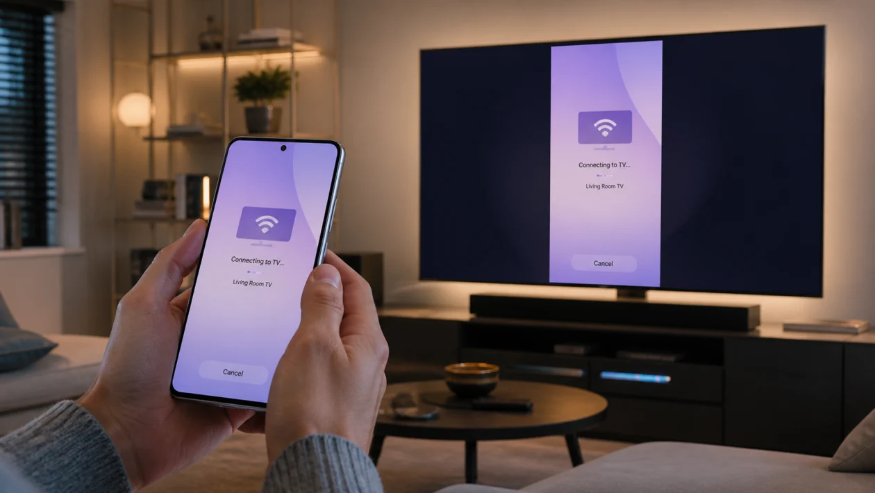 Person holding a Galaxy S26 Ultra in a living room while trying to mirror the phone screen to a large TV using a wireless screen mirroring connection.