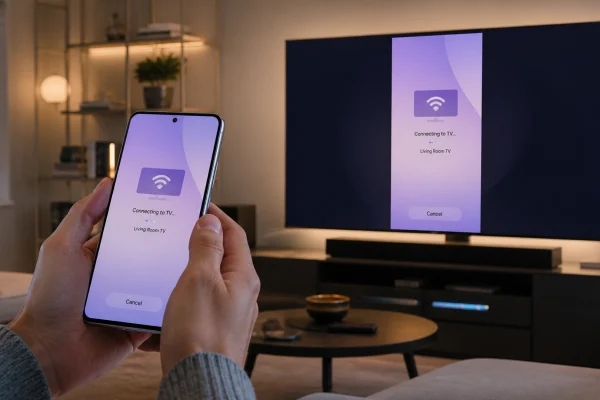 Person holding a Galaxy S26 Ultra in a living room while trying to mirror the phone screen to a large TV using a wireless screen mirroring connection.
