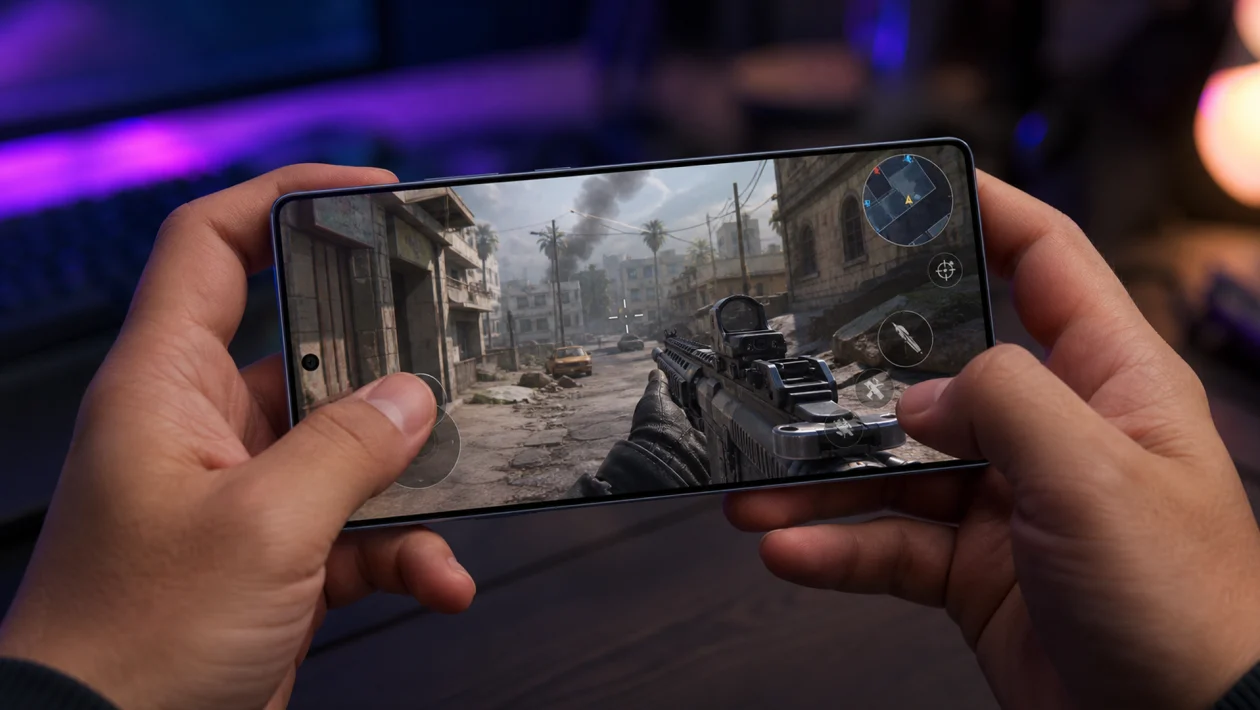 First-person view of a gamer holding a Galaxy S26 Ultra in landscape mode while playing a Call of Duty-style mobile shooter under purple gaming lights.