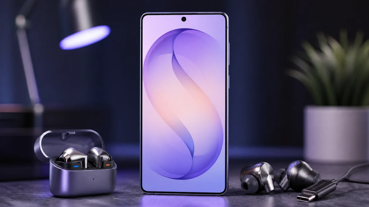 Samsung Galaxy S26 Ultra shown with wireless earbuds, wired USB-C earphones, and audio accessories on a dark studio desk.