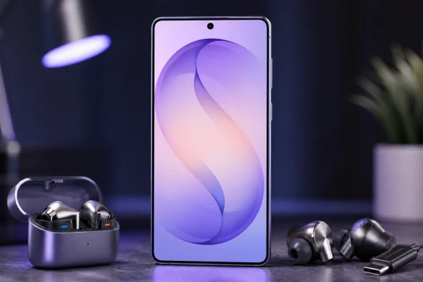 Samsung Galaxy S26 Ultra shown with wireless earbuds, wired USB-C earphones, and audio accessories on a dark studio desk.