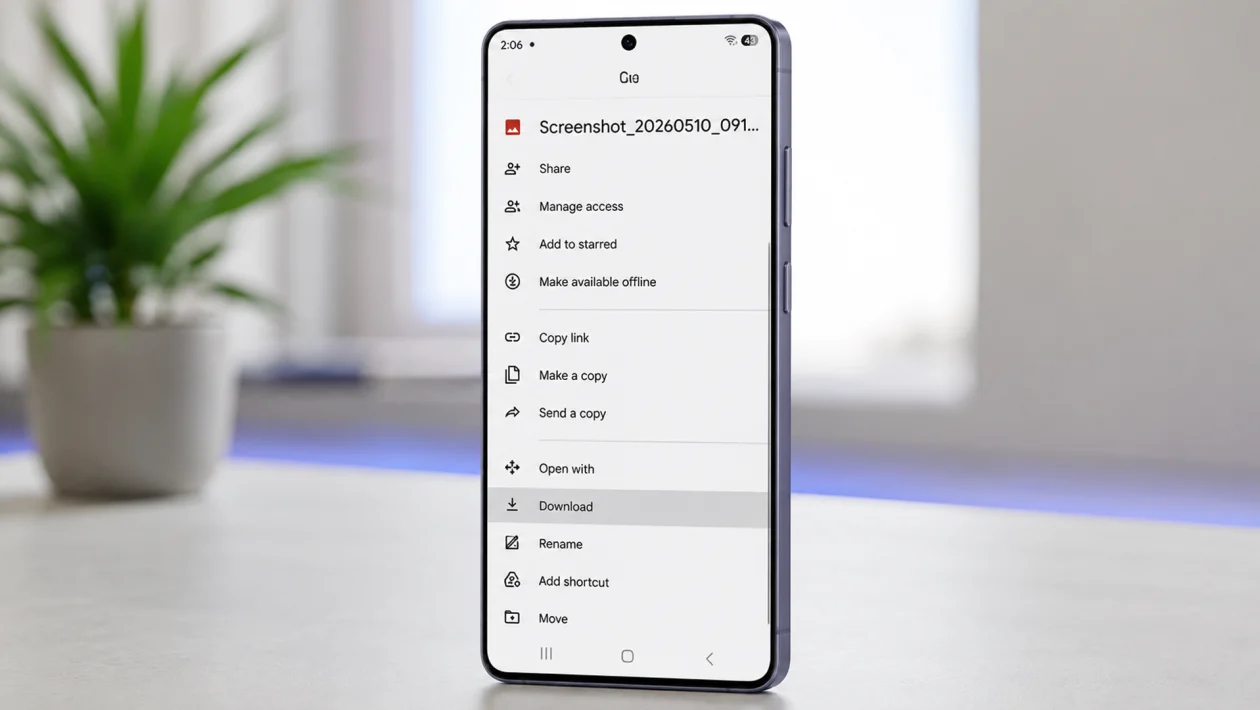 A Samsung Galaxy S26 Ultra standing upright on a clean table with a Google Drive file options menu open on the screen, showing the Download option highlighted. The phone has slim bezels, a centered front camera cutout, and a dark metallic frame, with a softly blurred background and a small plant on the left.
