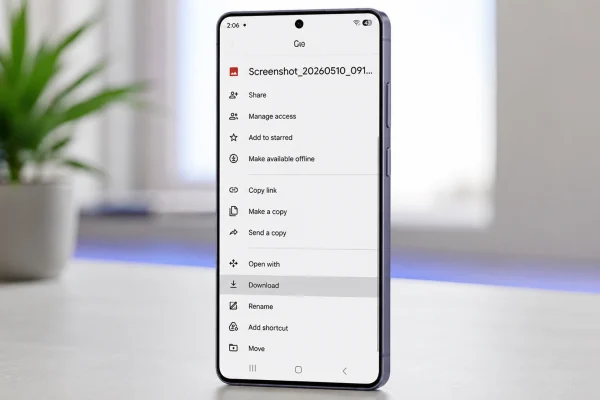 A Samsung Galaxy S26 Ultra standing upright on a clean table with a Google Drive file options menu open on the screen, showing the Download option highlighted. The phone has slim bezels, a centered front camera cutout, and a dark metallic frame, with a softly blurred background and a small plant on the left.