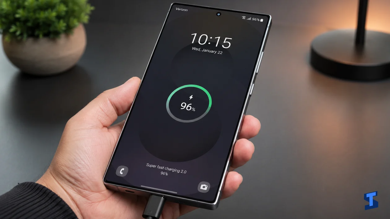 Galaxy S26 Ultra being held above a dark professional tech table while connected to a wired charger, with the charging screen showing 96 percent battery, soft lighting, and a blurred plant in the background.