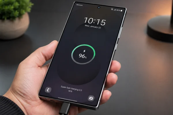 Galaxy S26 Ultra being held above a dark professional tech table while connected to a wired charger, with the charging screen showing 96 percent battery, soft lighting, and a blurred plant in the background.
