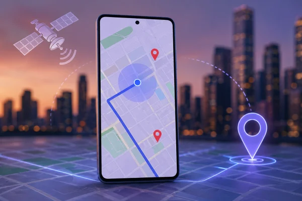 Samsung Galaxy S26 Ultra showing GPS navigation map with improved location accuracy in a city environment