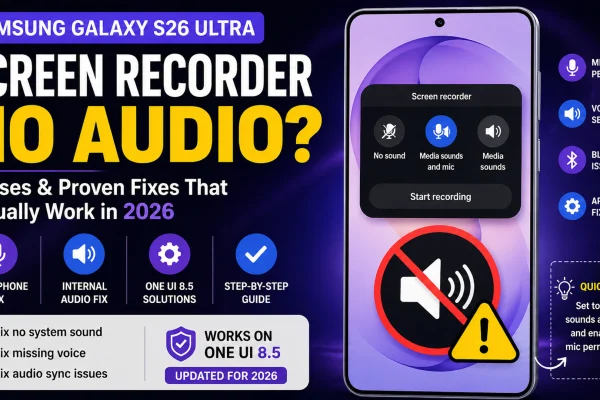 Samsung Galaxy S26 Ultra screen recorder no audio fix showing media sounds and mic setting in One UI 8.5