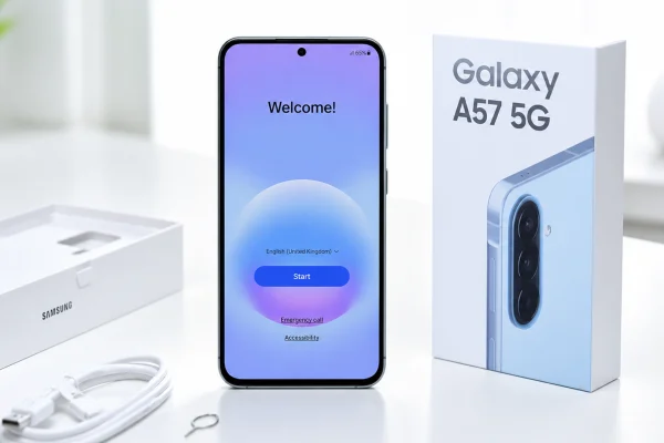Galaxy A57 5G standing on a white tech table during first-time setup, with the retail box, charging cable, SIM tool, and open box beside it.