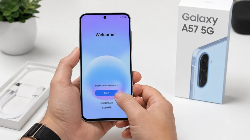 How to Set Up the Samsung Galaxy A57 for the First Time 2 Hands holding a Galaxy A57 5G on the welcome setup screen with the retail box and accessories on a clean white tech table.