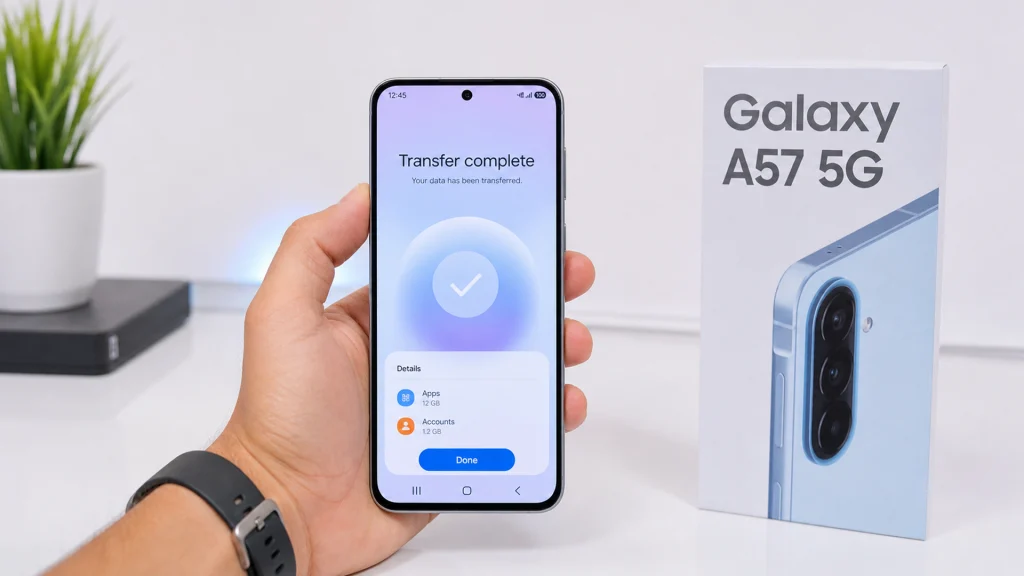 Hand holding a Galaxy A57 5G showing a transfer complete screen on a white tech table with the Galaxy A57 5G box beside it.