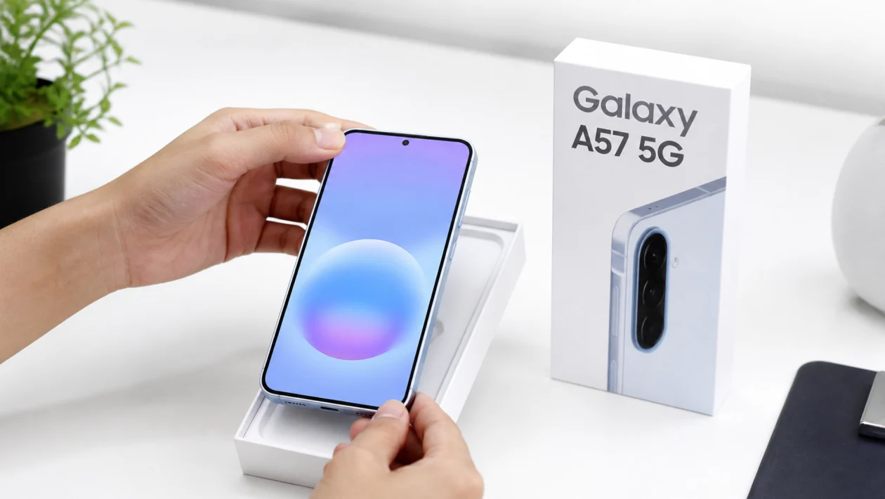 Hands unboxing a Galaxy A57 5G on a white tech table with the phone screen facing forward and the retail box standing beside it.