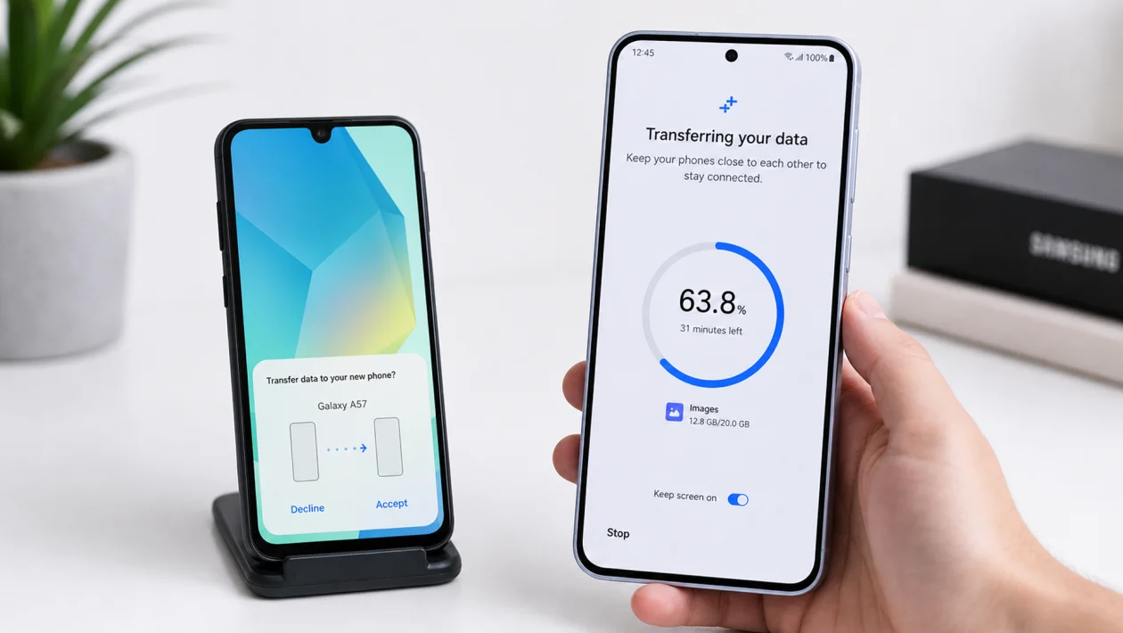 Galaxy A57 showing a data transfer progress screen beside an older phone on a clean white tech table.