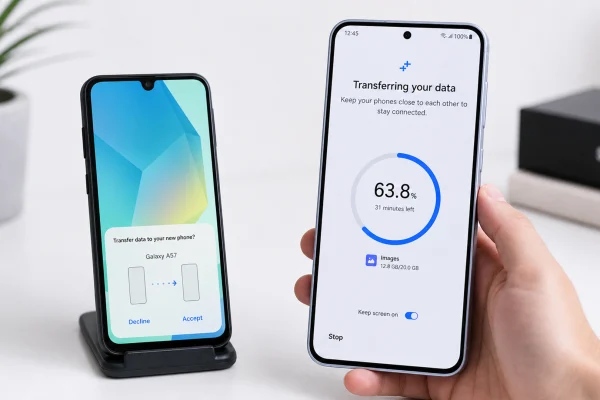 Galaxy A57 showing a data transfer progress screen beside an older phone on a clean white tech table.