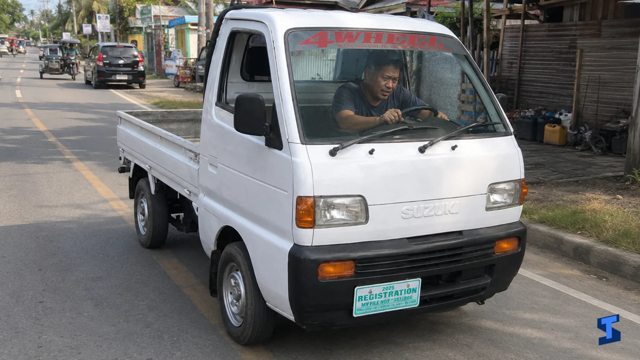 A worried driver grips the steering wheel of a white Suzuki multicab as it stalls while accelerating on a busy Philippine road lined with houses, shops, and utility poles.
