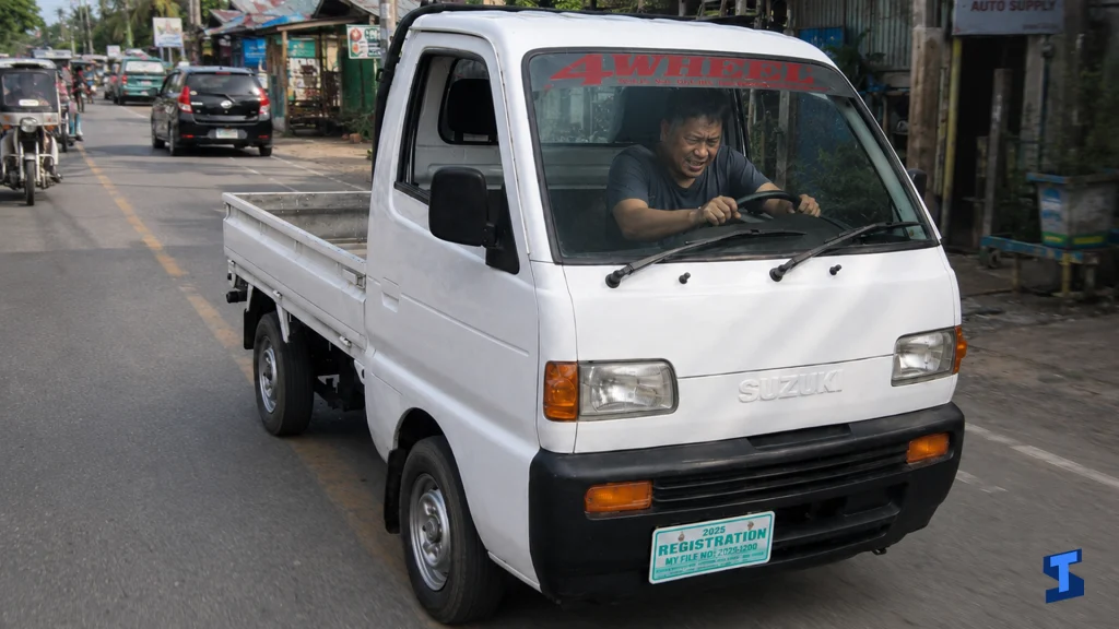 An annoyed driver grips the steering wheel of a white Suzuki multicab with weak engine power while driving on a Philippine road with shops, vehicles, and utility poles nearby.