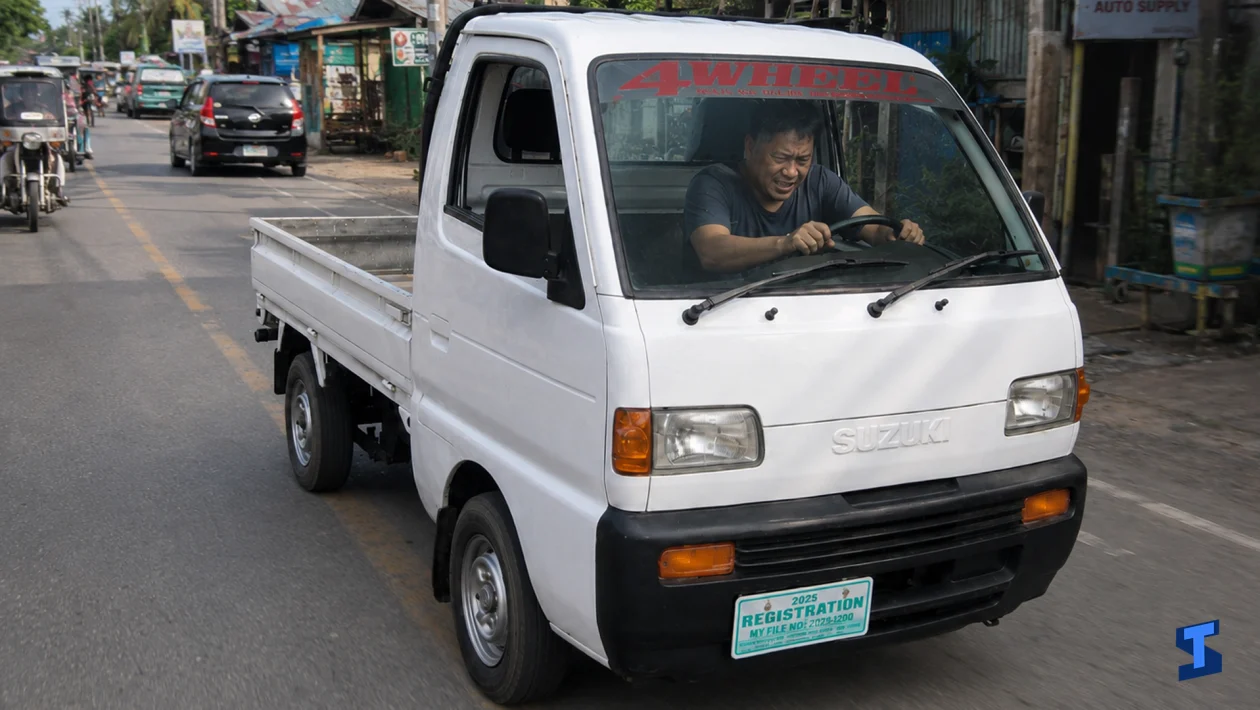 An annoyed driver grips the steering wheel of a white Suzuki multicab with weak engine power while driving on a Philippine road with shops, vehicles, and utility poles nearby.