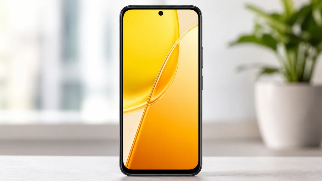 vivo Y51 Pro standing upright on a clean table, showing its bright yellow and orange display, centered punch-hole camera, slim black frame, and softly blurred indoor background with a small plant on the side.
