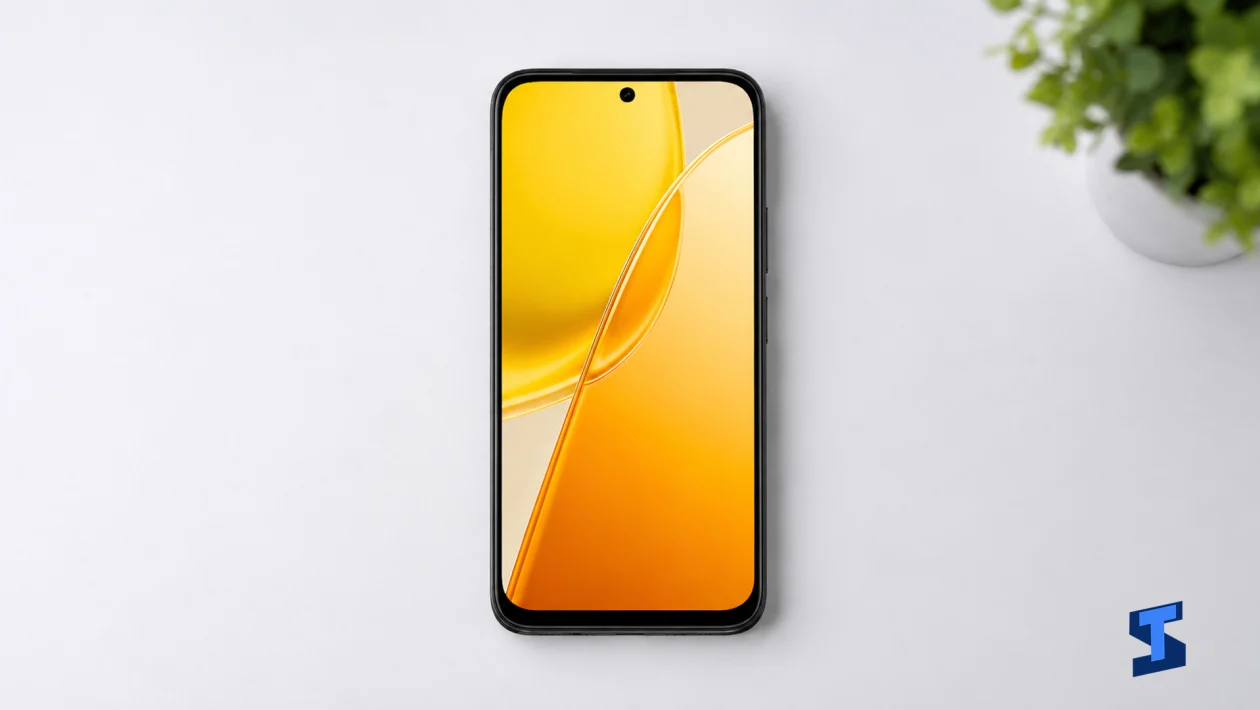 Overhead shot of the vivo Y51 Pro lying flat on a clean light-colored table, showing its front display with a bright yellow and orange wallpaper, centered punch-hole camera, slim black frame, and a softly blurred small green plant in the upper corner.