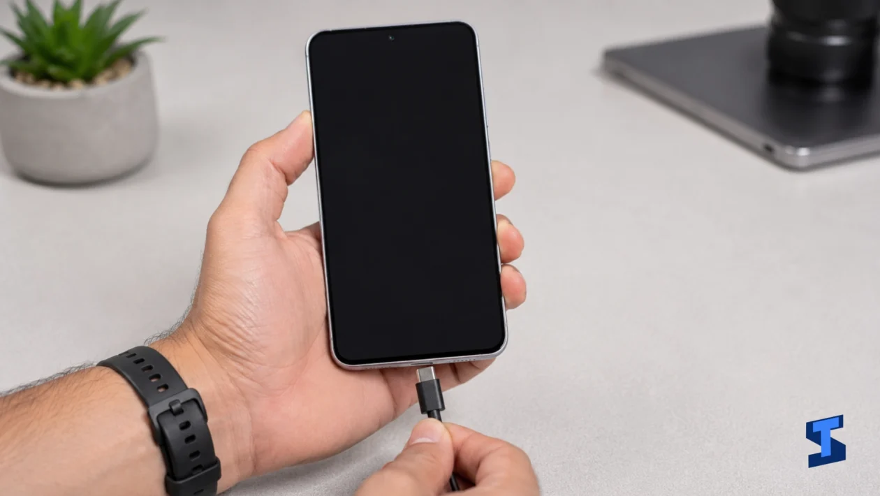 Samsung Galaxy A57 held in one hand while a user connects a USB-C charging cable to the phone, showing a black screen on a clean table with a blurred plant in the background.
