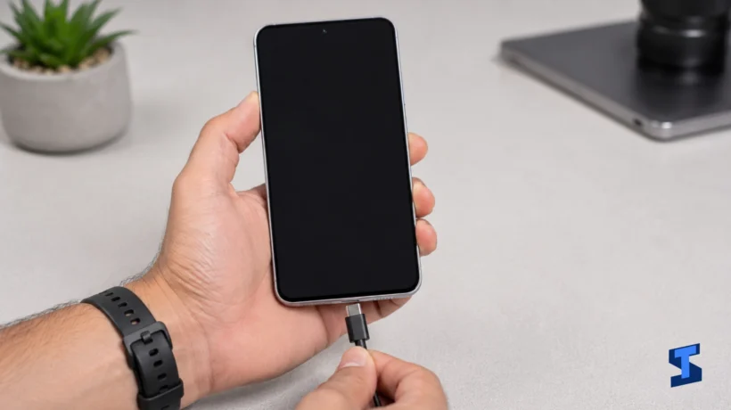 Samsung Galaxy A57 held in one hand while a user connects a USB-C charging cable to the phone, showing a black screen on a clean table with a blurred plant in the background.