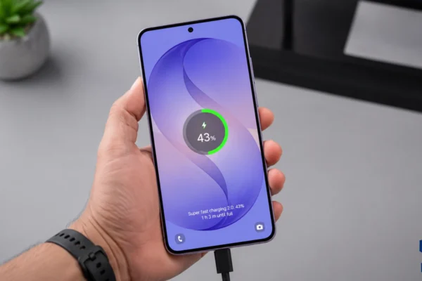Samsung Galaxy A57 held in one hand while charging, showing a 43 percent battery level and super fast charging status on a clean table with a blurred plant in the background.