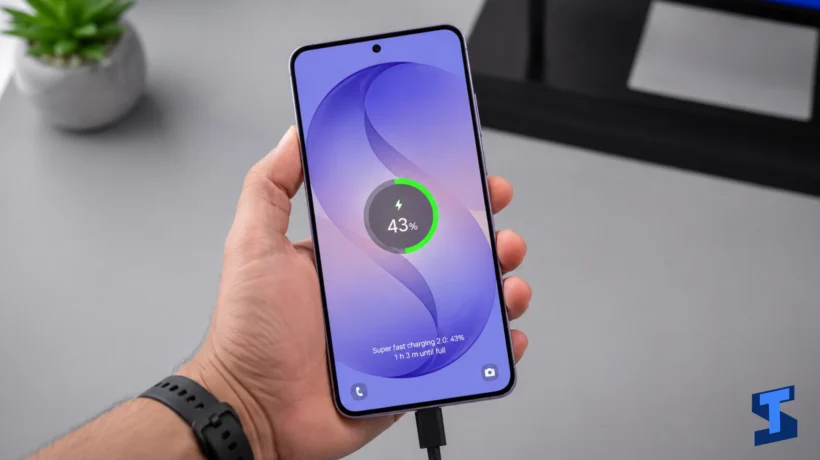 Samsung Galaxy A57 held in one hand while charging, showing a 43 percent battery level and super fast charging status on a clean table with a blurred plant in the background.
