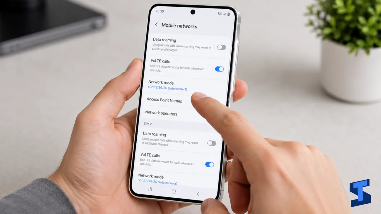 Samsung Galaxy A57 held in one hand while a user opens Mobile networks settings to check 5G, VoLTE, data roaming, network mode, and network operators on a clean table with a blurred plant in the background.