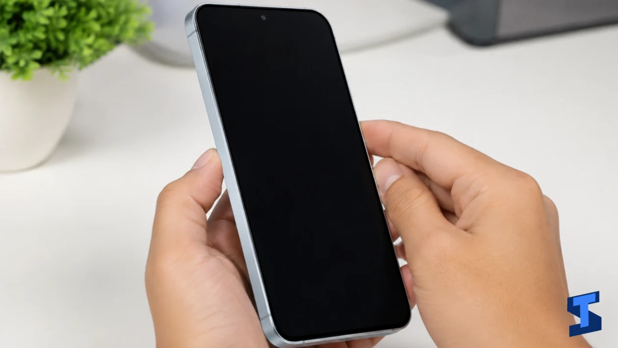 Samsung Galaxy A57 held in both hands from a left-side angle while a user tries to press the side button, showing a black screen on a clean table with a blurred plant in the background.