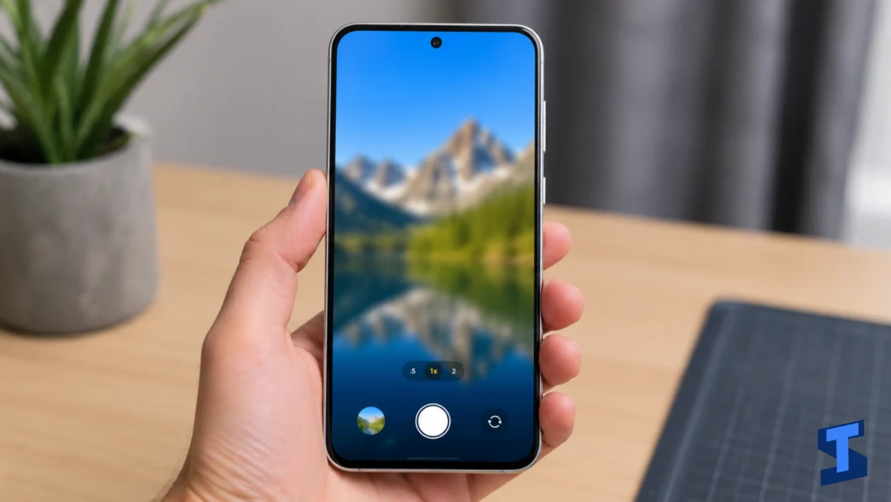 Samsung Galaxy A57 held in one hand with the camera app open, showing a blurry mountain photo preview on the screen on a clean table with a blurred plant in the background.